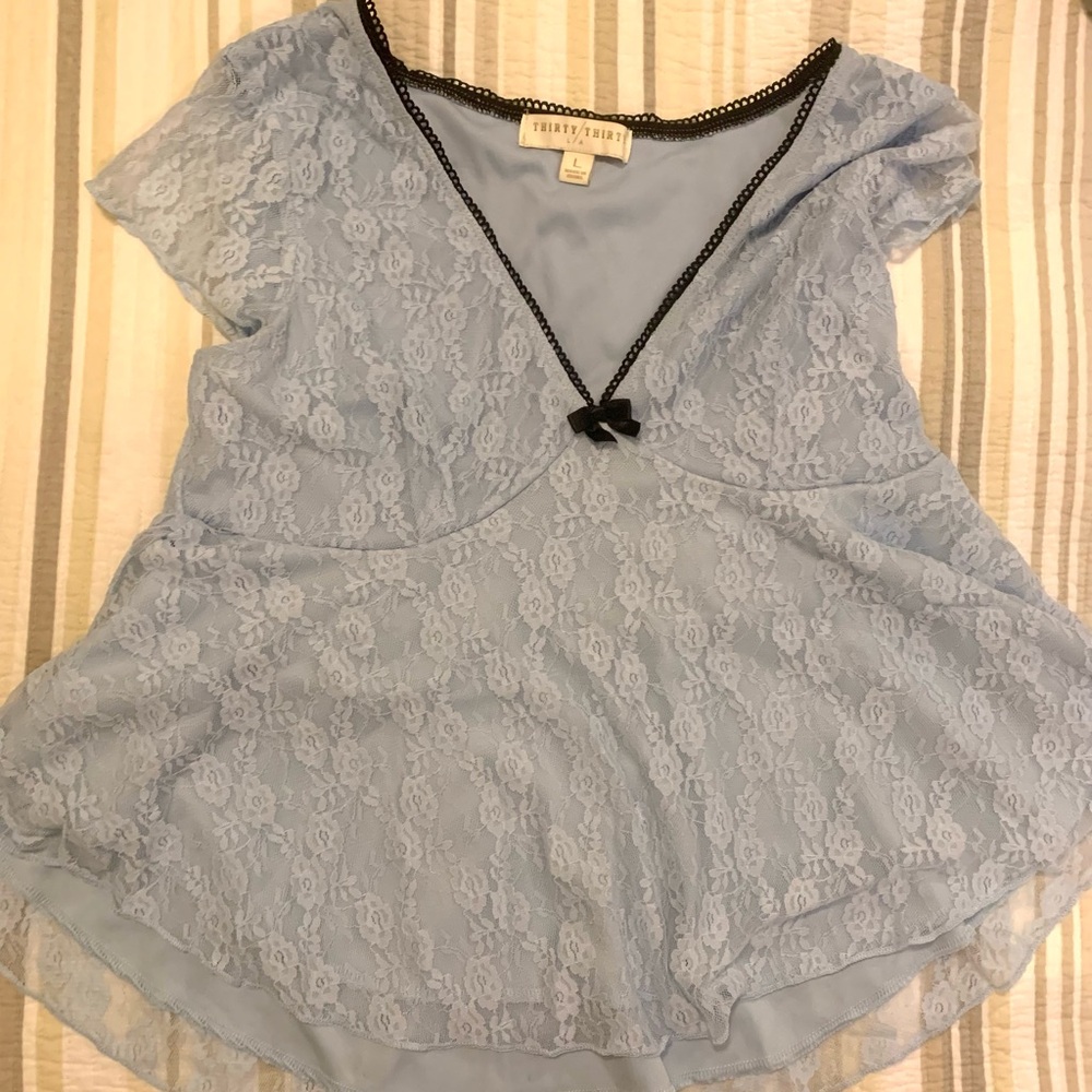 Powder Blue Lace Blouse with Black Trim